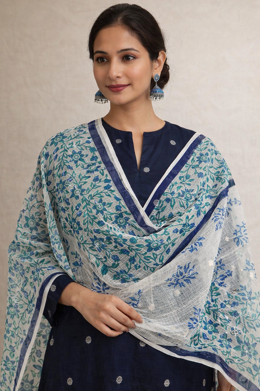 Varnika - Hand Block Printed White Kota Doria with Blue Florals