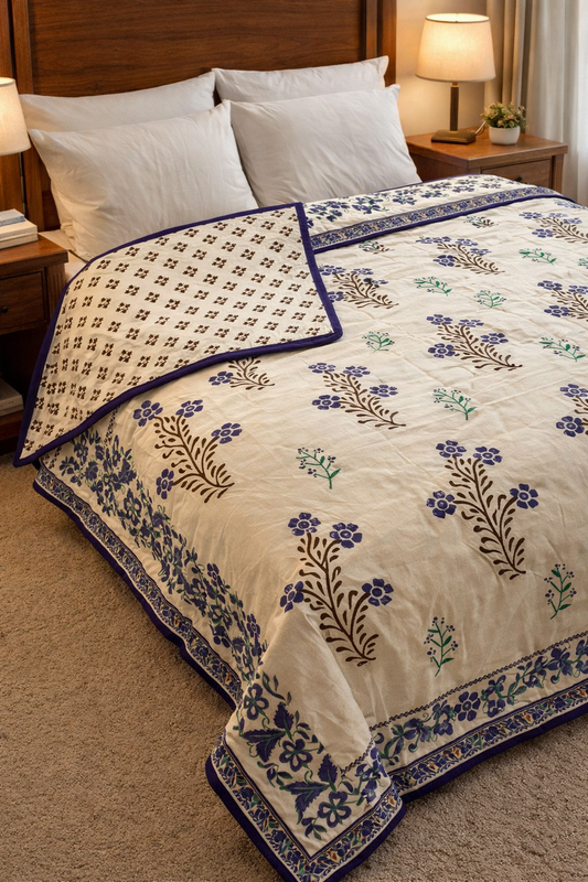 Violet Dreams - White Reversible Hand Block Printed Single Dohar