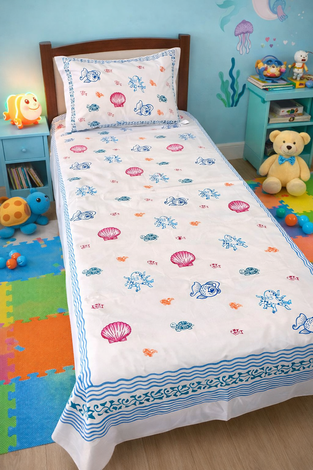 Under The Sea – Kids Hand Block Printed Single Bedsheet