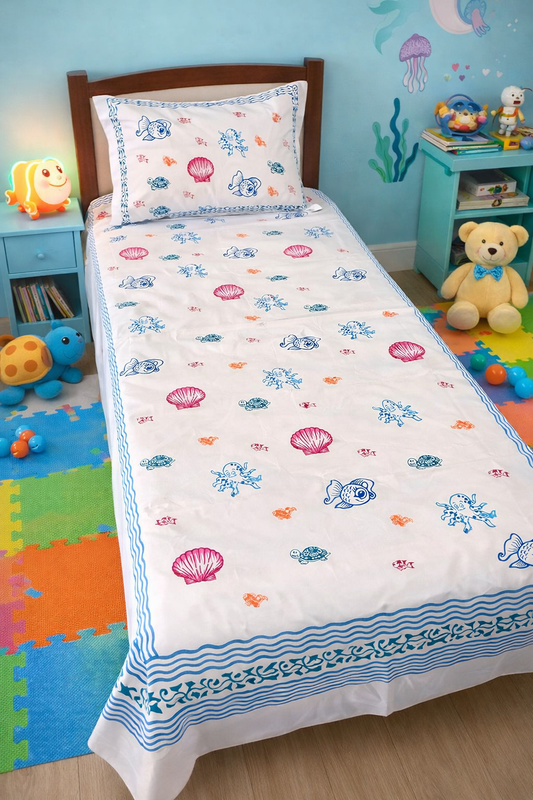 Under The Sea – Kids Hand Block Printed Single Bedsheet