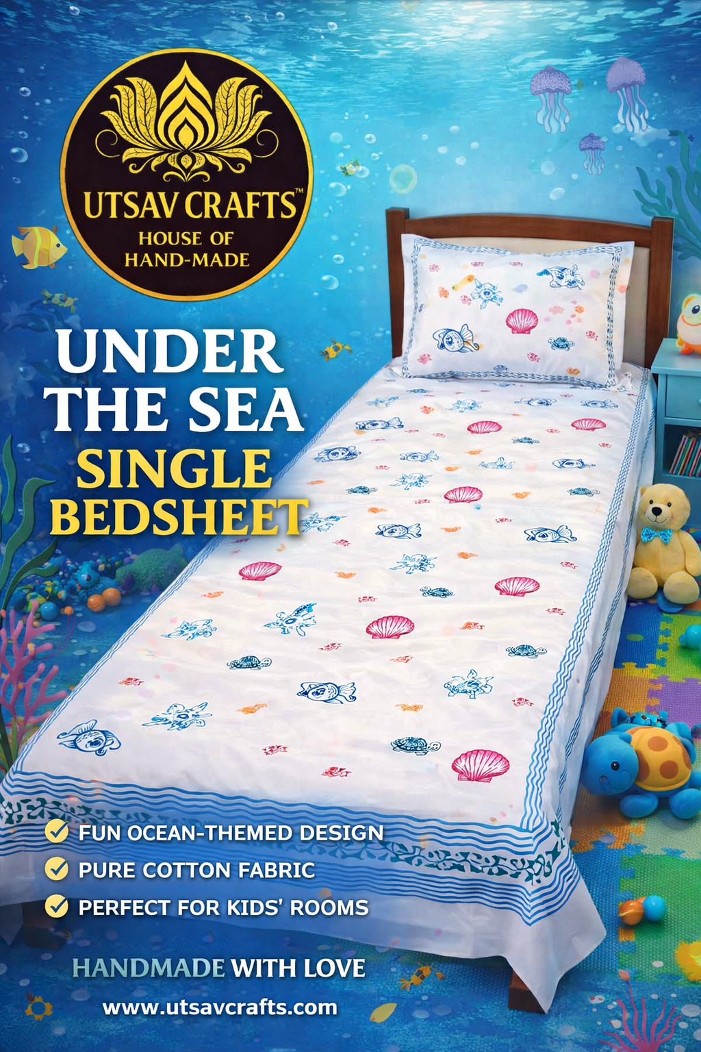 Under The Sea – Kids Hand Block Printed Single Bedsheet