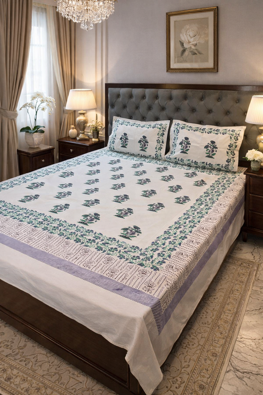 Ivira – Hand Block Printed Cream Coloured Double Bedsheet Set
