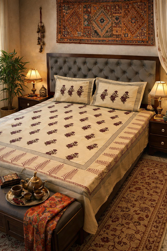 Reva – Hand Block Printed Beige Coloured Double Bedsheet Set