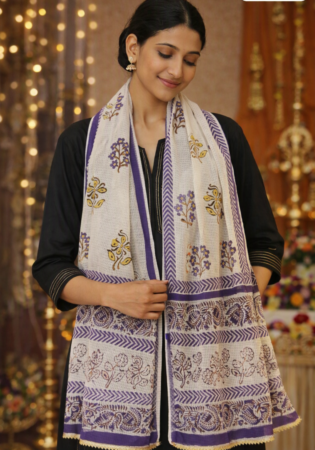 Purple and Gold Hand Block Printed White Kota Doria Stole