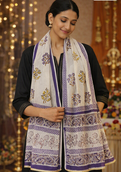 Purple and Gold Hand Block Printed White Kota Doria Stole