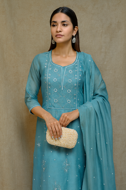 Saira - Kurta Material with Dupatta in Teal Mul Chanderi with Pearl and Sequin Work