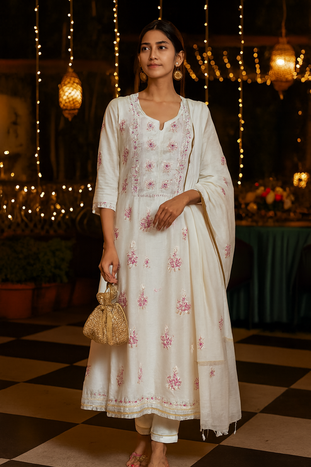 Ira - Kurta Material with Dupatta in White Mul Chanderi with Pearl and Cut Daana Work