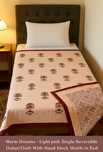 Warm Dreams - Light Pink Reversible Hand Block Printed Dohar