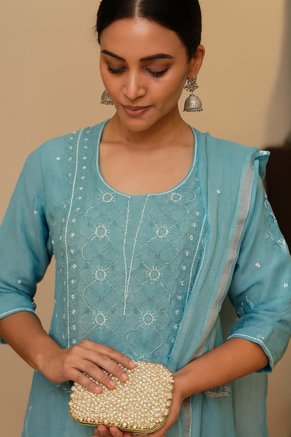 Saira - Kurta Material with Dupatta in Teal Mul Chanderi with Pearl and Sequin Work