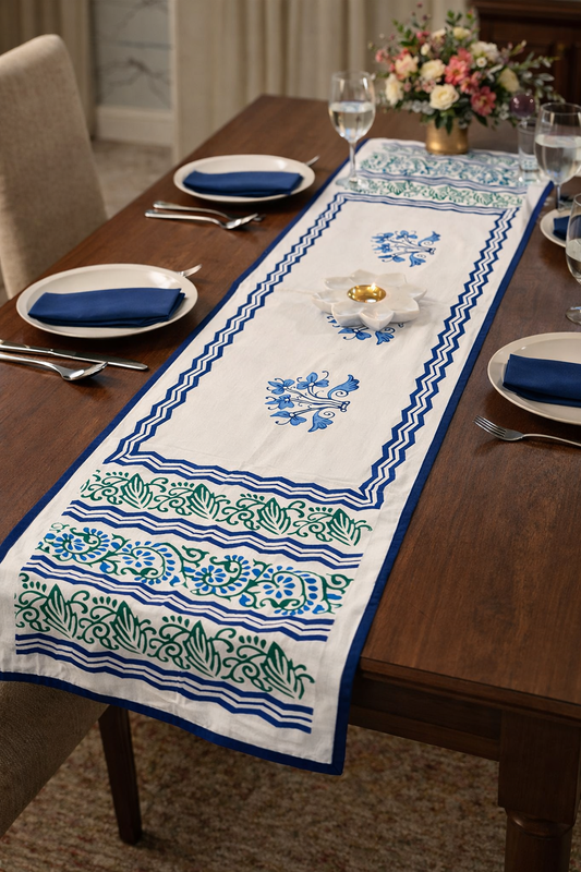 Nilaya - Hand Block Print Table Runner with blue border piping (15"x48")