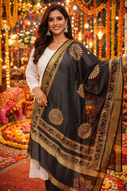 Tribalika - Chanderi Silk Black Dupatta