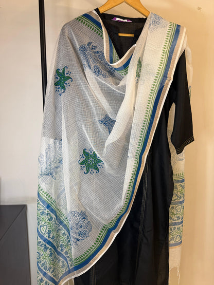 Firoza - White Kota Doria with Blue and Green motifs