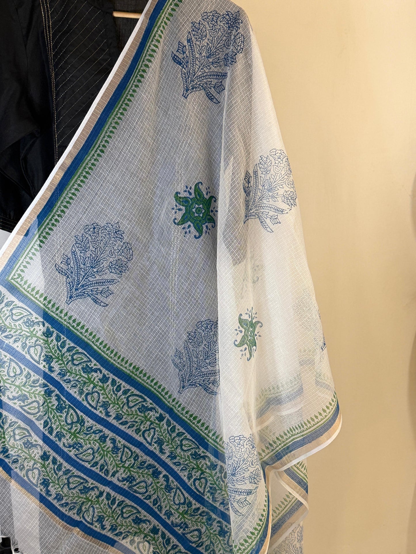 Firoza - White Kota Doria with Blue and Green motifs