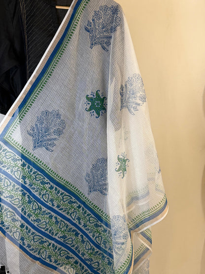 Firoza - White Kota Doria with Blue and Green motifs