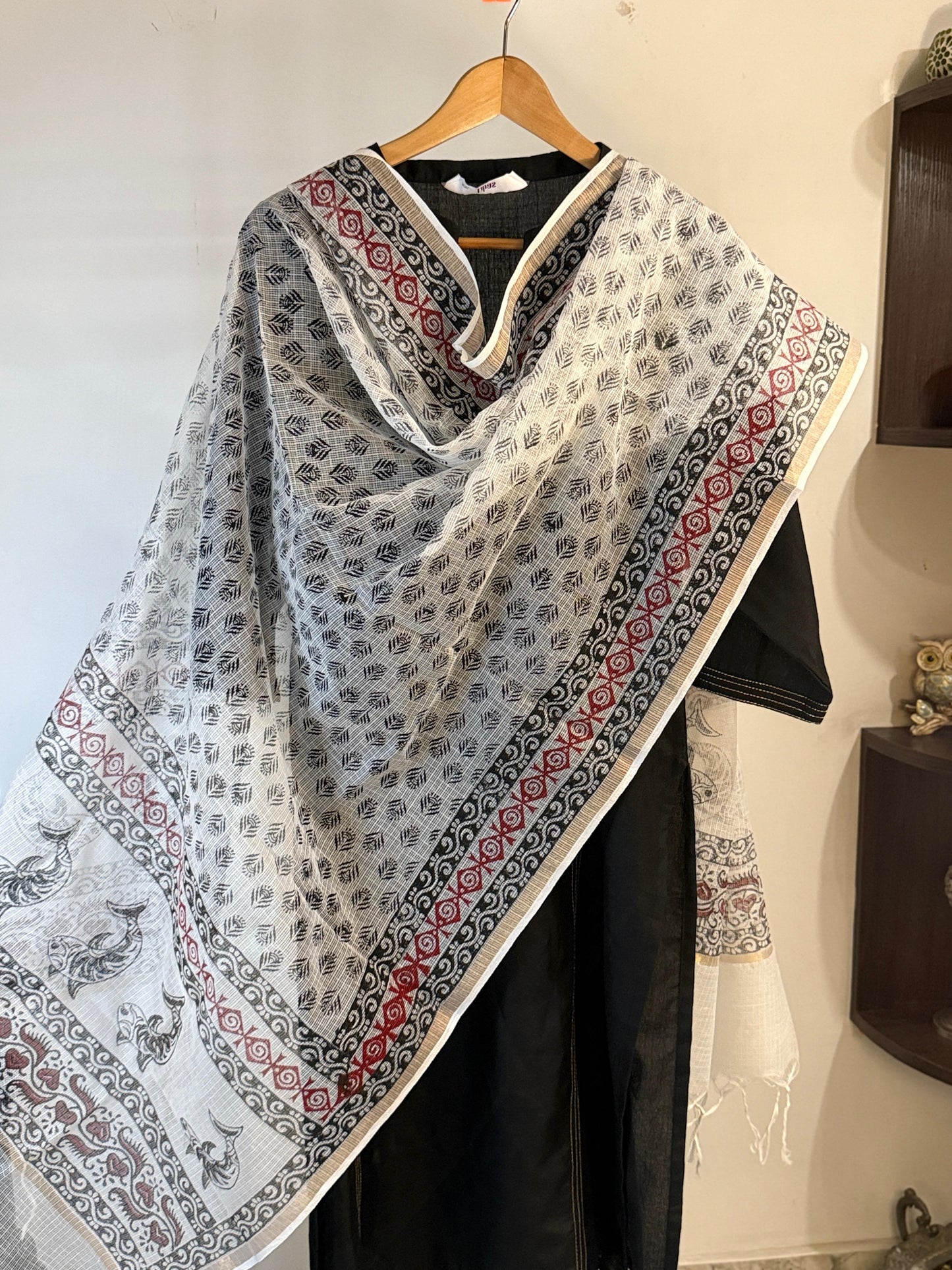 Matsya - White Kota Doria Dupatta with Fish Motifs