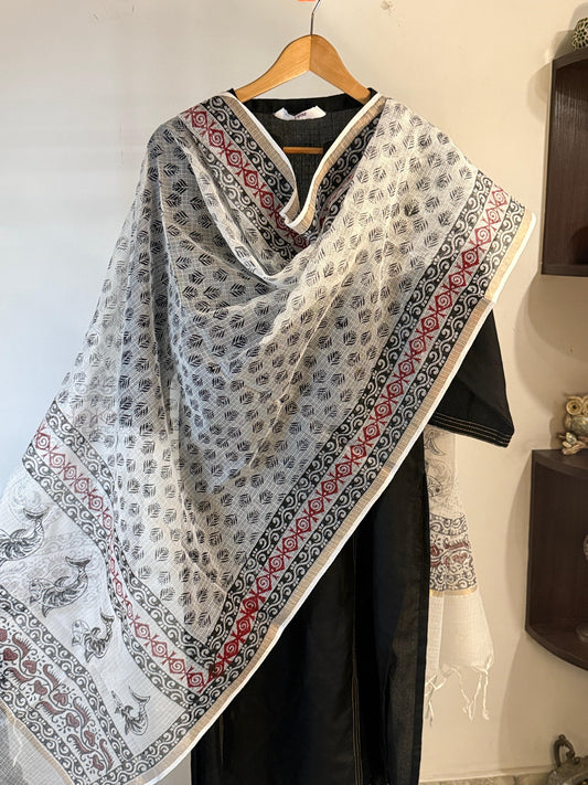 Matsya - White Kota Doria Dupatta with Fish Motifs