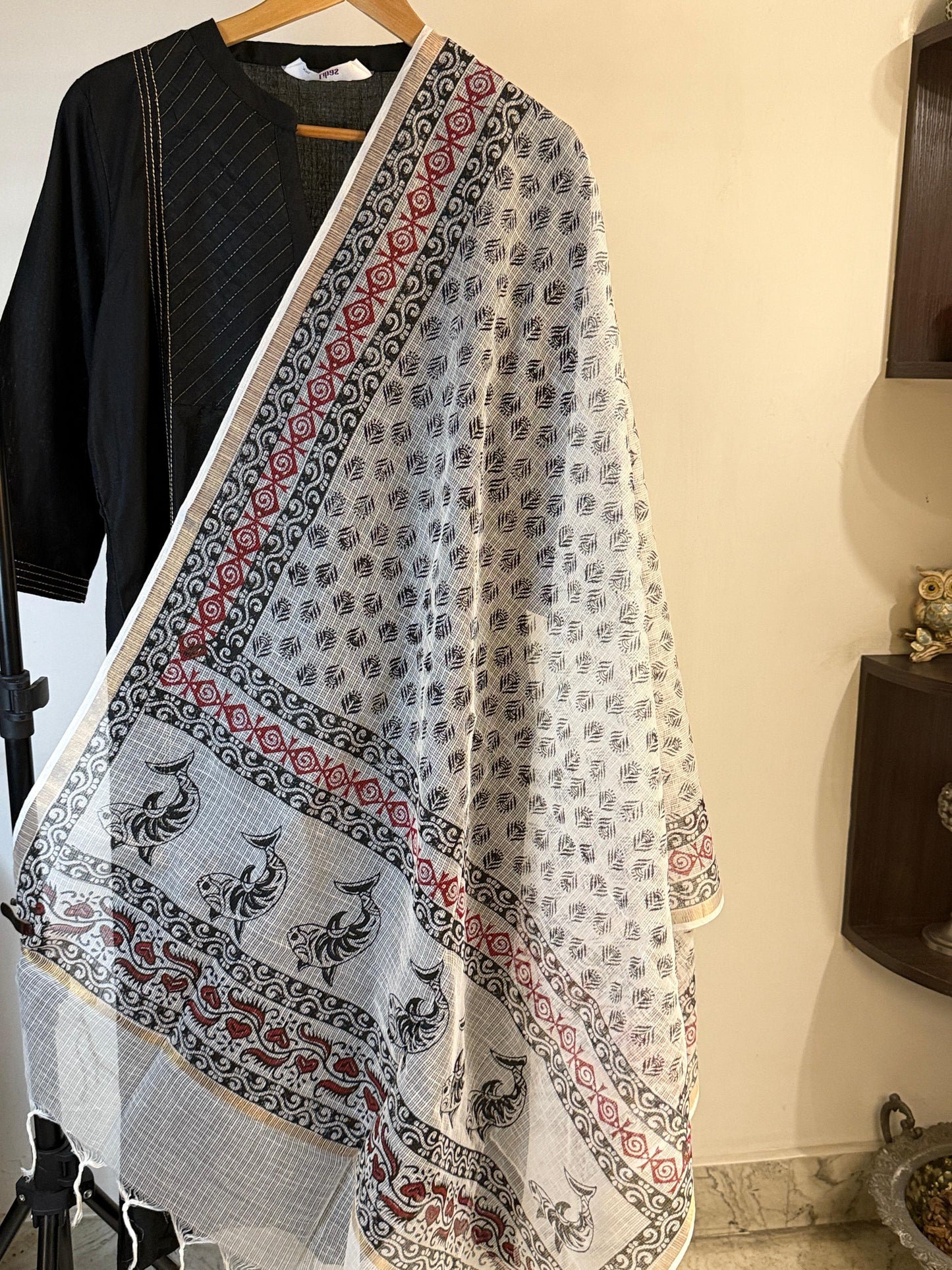 Matsya - White Kota Doria Dupatta with Fish Motifs