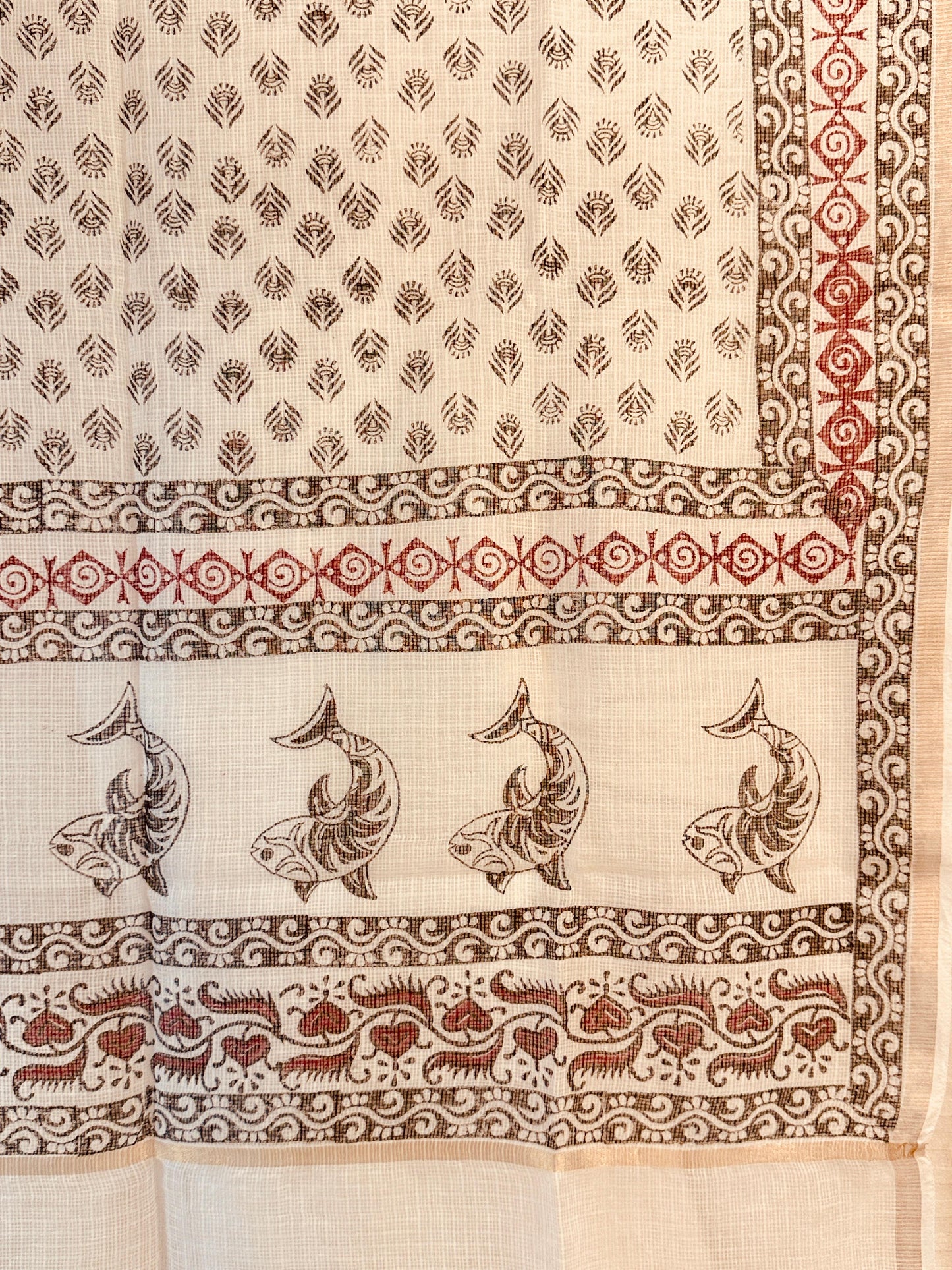Matsya - White Kota Doria Dupatta with Fish Motifs