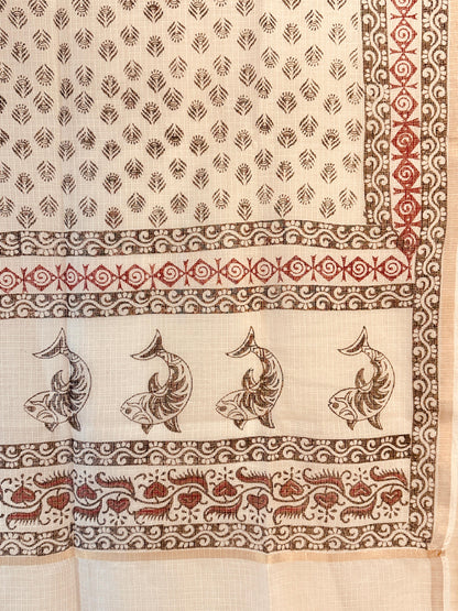 Matsya - White Kota Doria Dupatta with Fish Motifs