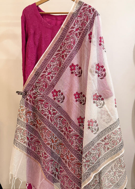 Pushpa - White Kota Doria Floral Dupatta