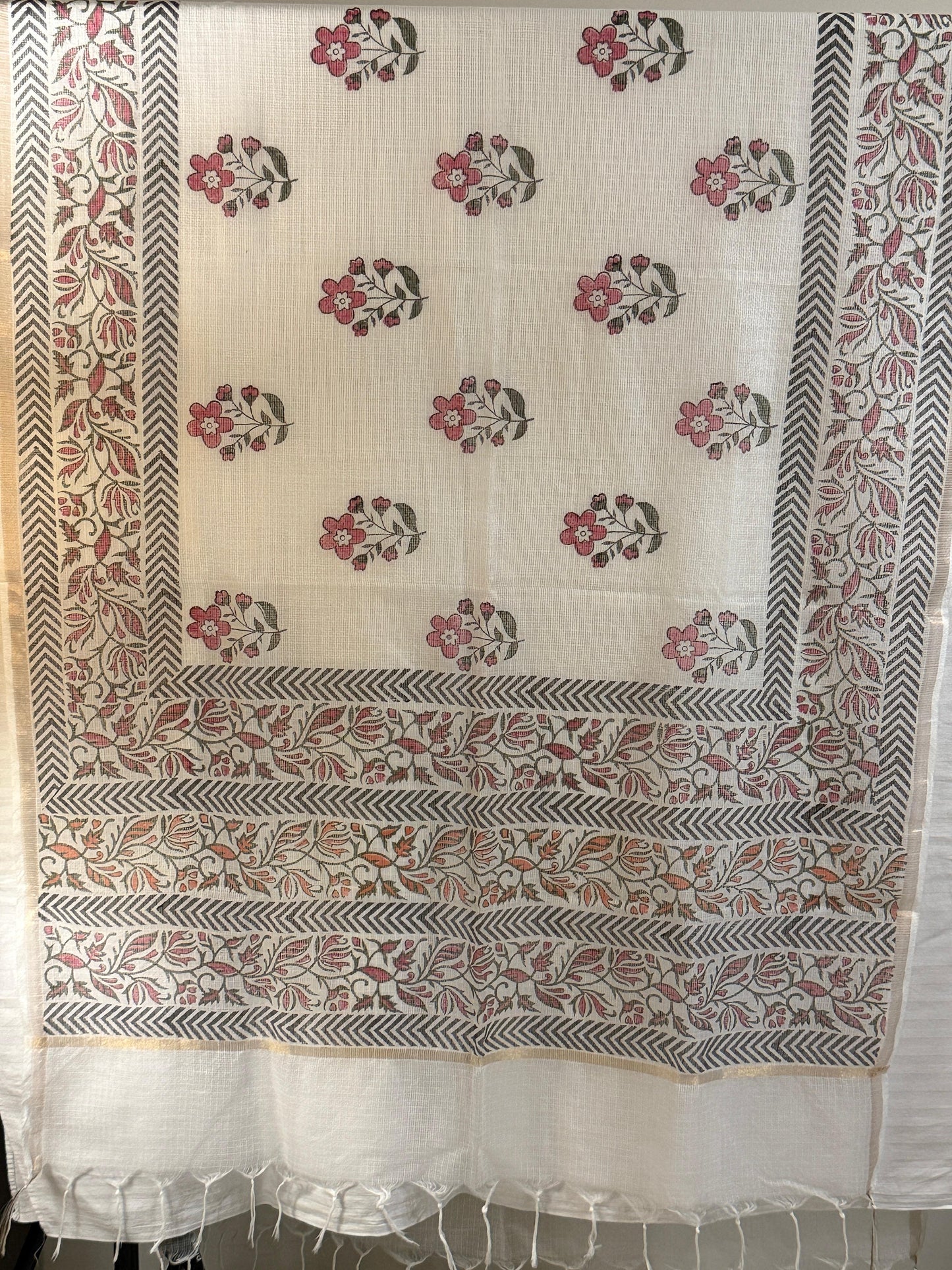 Pushpa - White Kota Doria Floral Dupatta