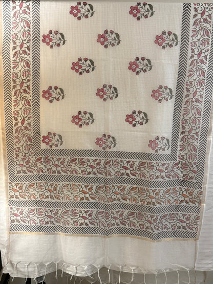 Pushpa - White Kota Doria Floral Dupatta