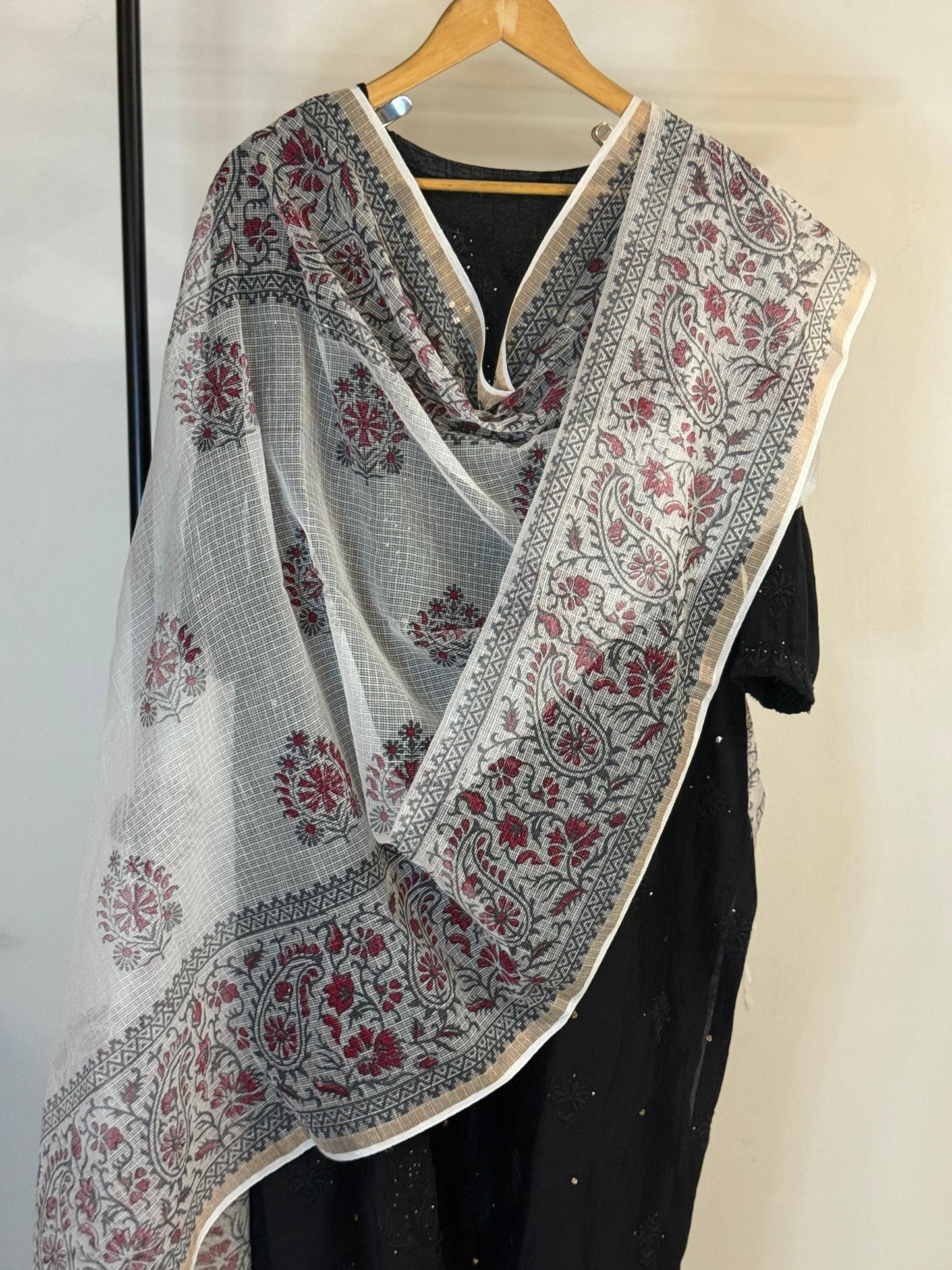 Ruhani  - White Kota Doria with Rani pink motifs