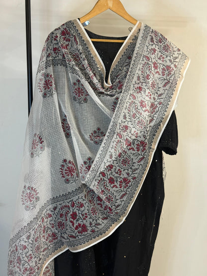 Ruhani  - White Kota Doria with Rani pink motifs