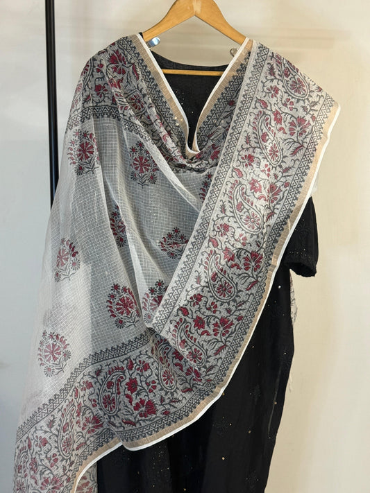 Ruhani  - White Kota Doria with Rani pink motifs