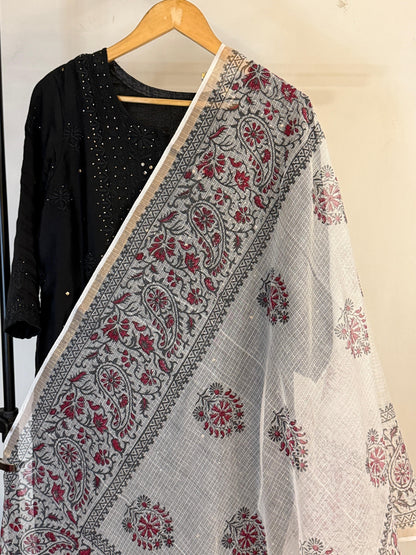 Ruhani  - White Kota Doria with Rani pink motifs