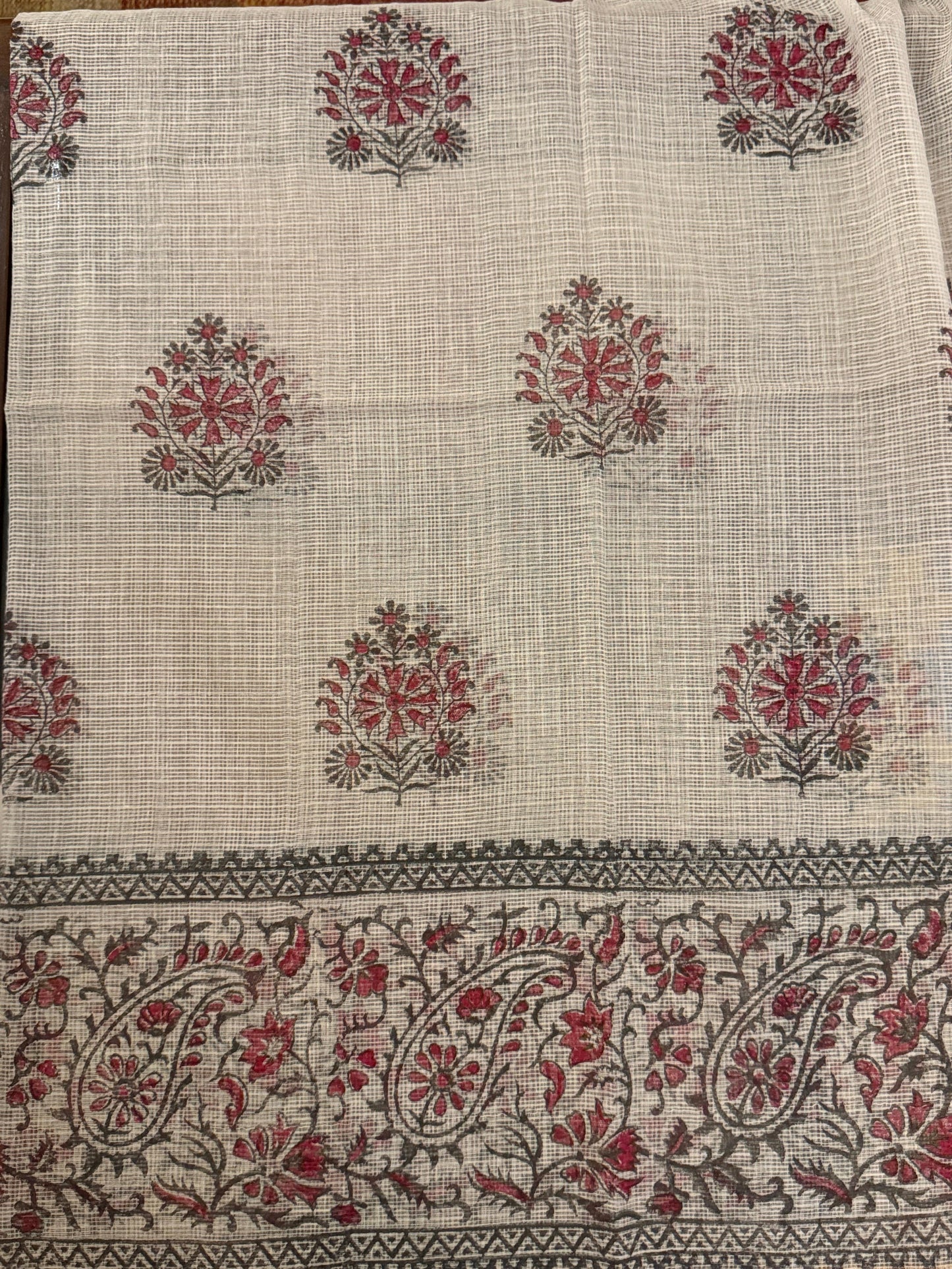 Ruhani  - White Kota Doria with Rani pink motifs