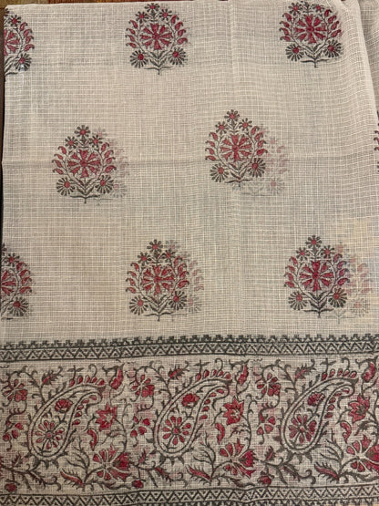 Ruhani  - White Kota Doria with Rani pink motifs