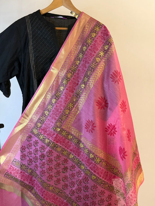 Padma – Pink Floral Chanderi Silk Dupatta