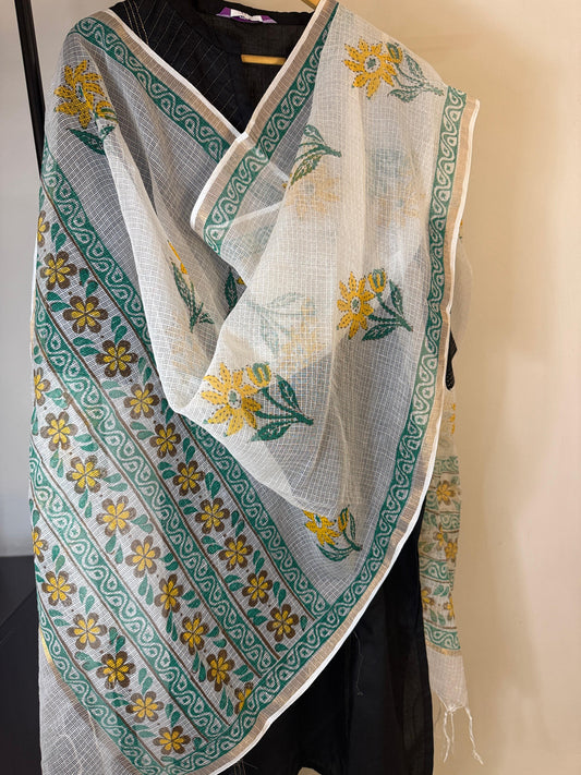 SurajMukhi  - White Kota Doria with Sunflower motifs