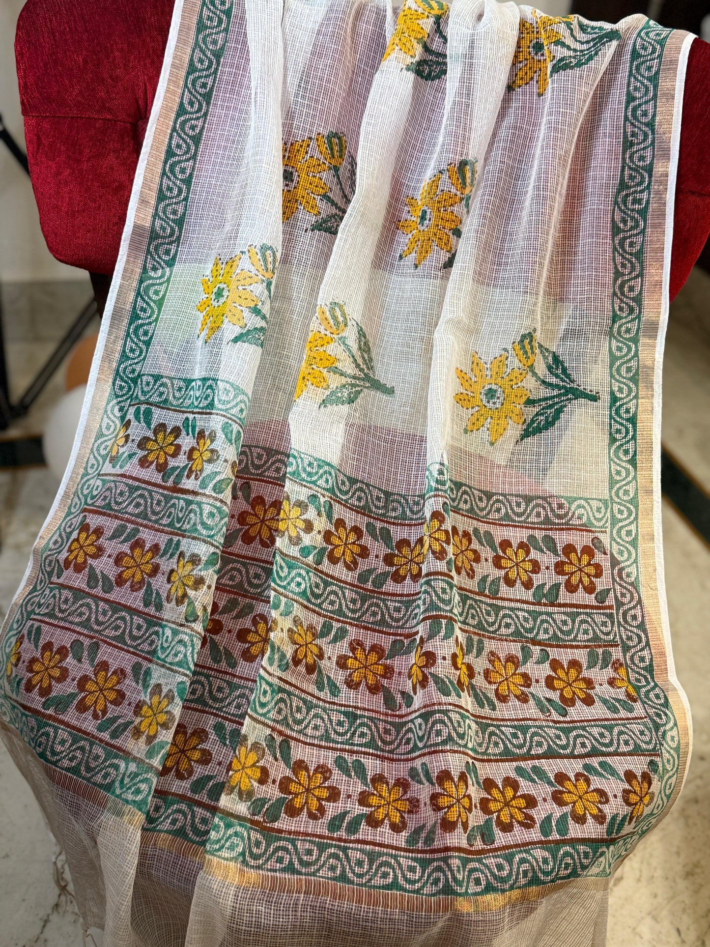 SurajMukhi  - White Kota Doria with Sunflower motifs