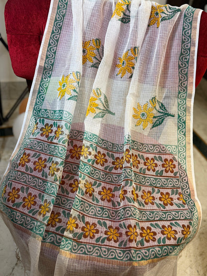 SurajMukhi  - White Kota Doria with Sunflower motifs