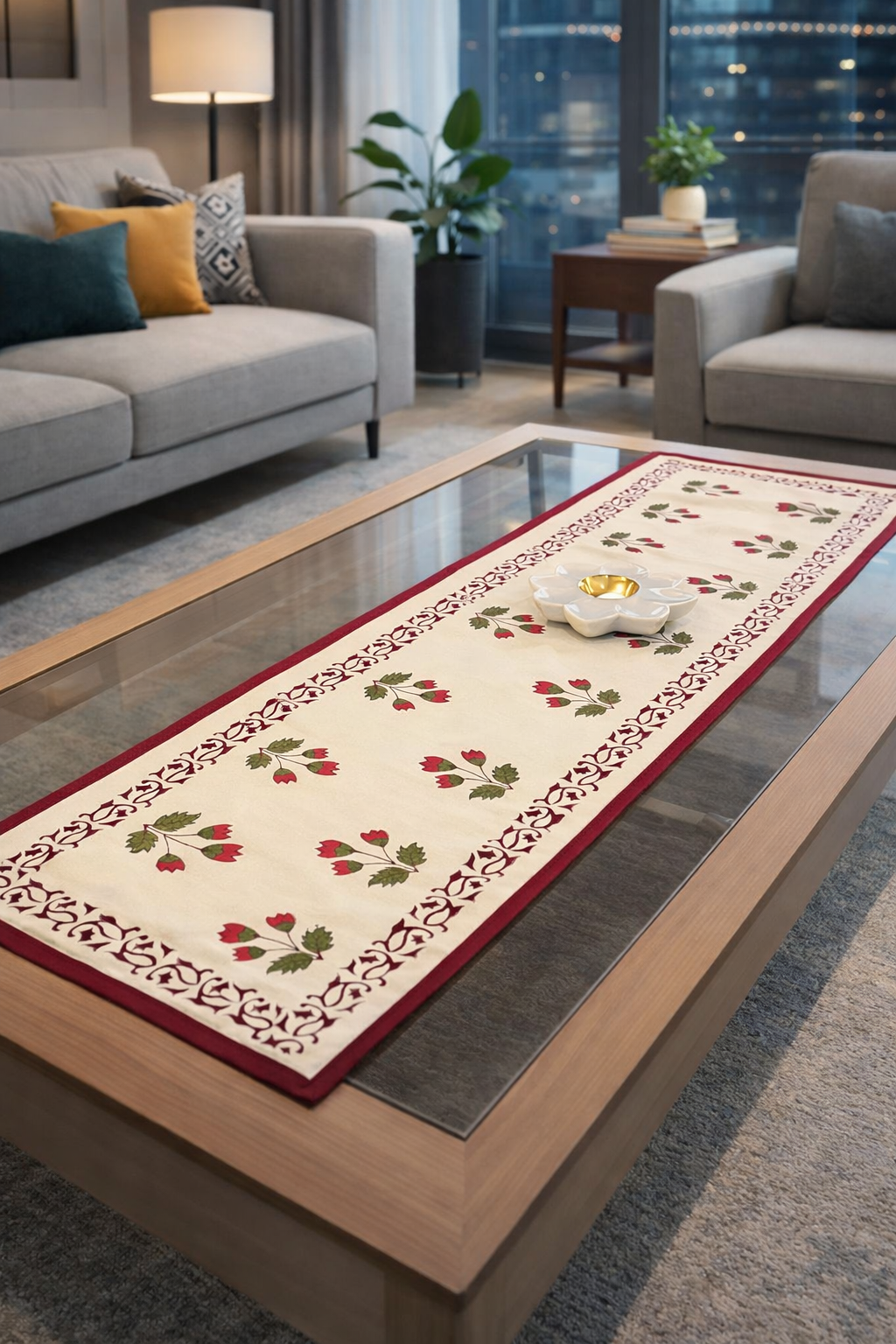 Kriti - Hand Block Print Coffee Table Runner with red border piping (12"x44")