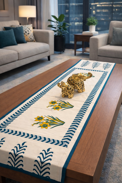 Tanvi - Hand Block Print Table Runner with cyan border piping (15"x48")