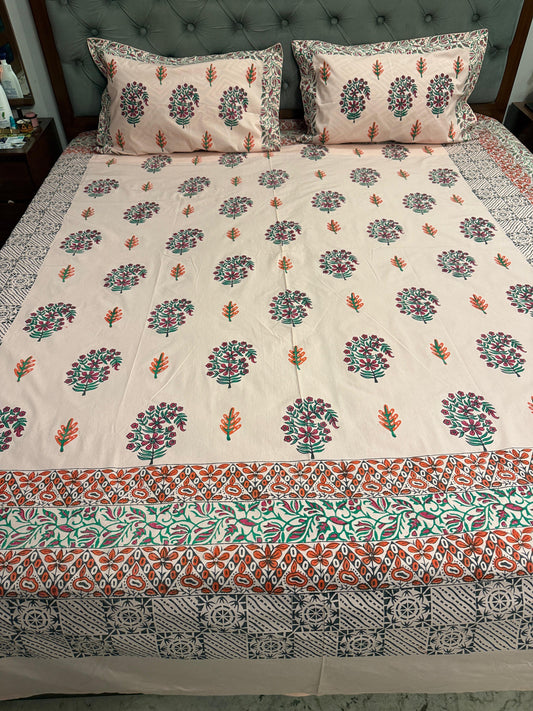 Gulaabi Saaz 🌸 – Hand Block Printed Double Bedsheet Set