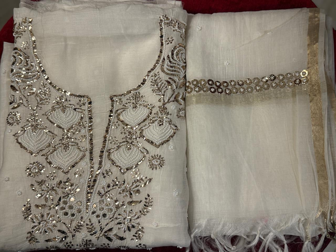 Jashn - Kurta Cloth with Dupatta in White Mul Chanderi with Pearl Mukesh Work