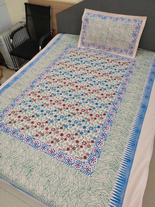 Floral Charm – Hand Block Printed Single Bedsheet Set (Large)