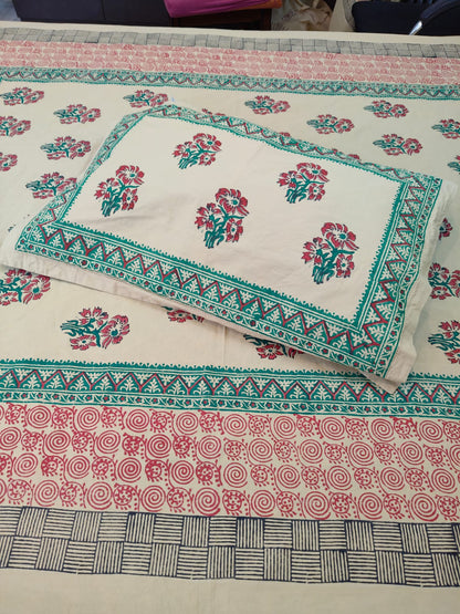 Fiery Flora – Hand Block Printed Single Bedsheet Set (Large)