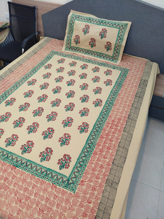 Fiery Flora – Hand Block Printed Single Bedsheet Set (Large)