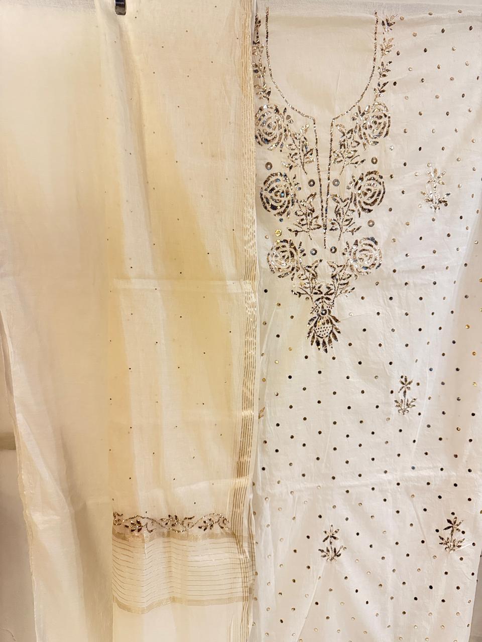 Ziya - Kurta Cloth with Dupatta in White Mul Chanderi with Mukesh Work