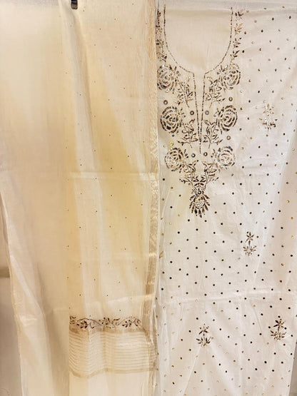 Ziya - Kurta Cloth with Dupatta in White Mul Chanderi with Mukesh Work