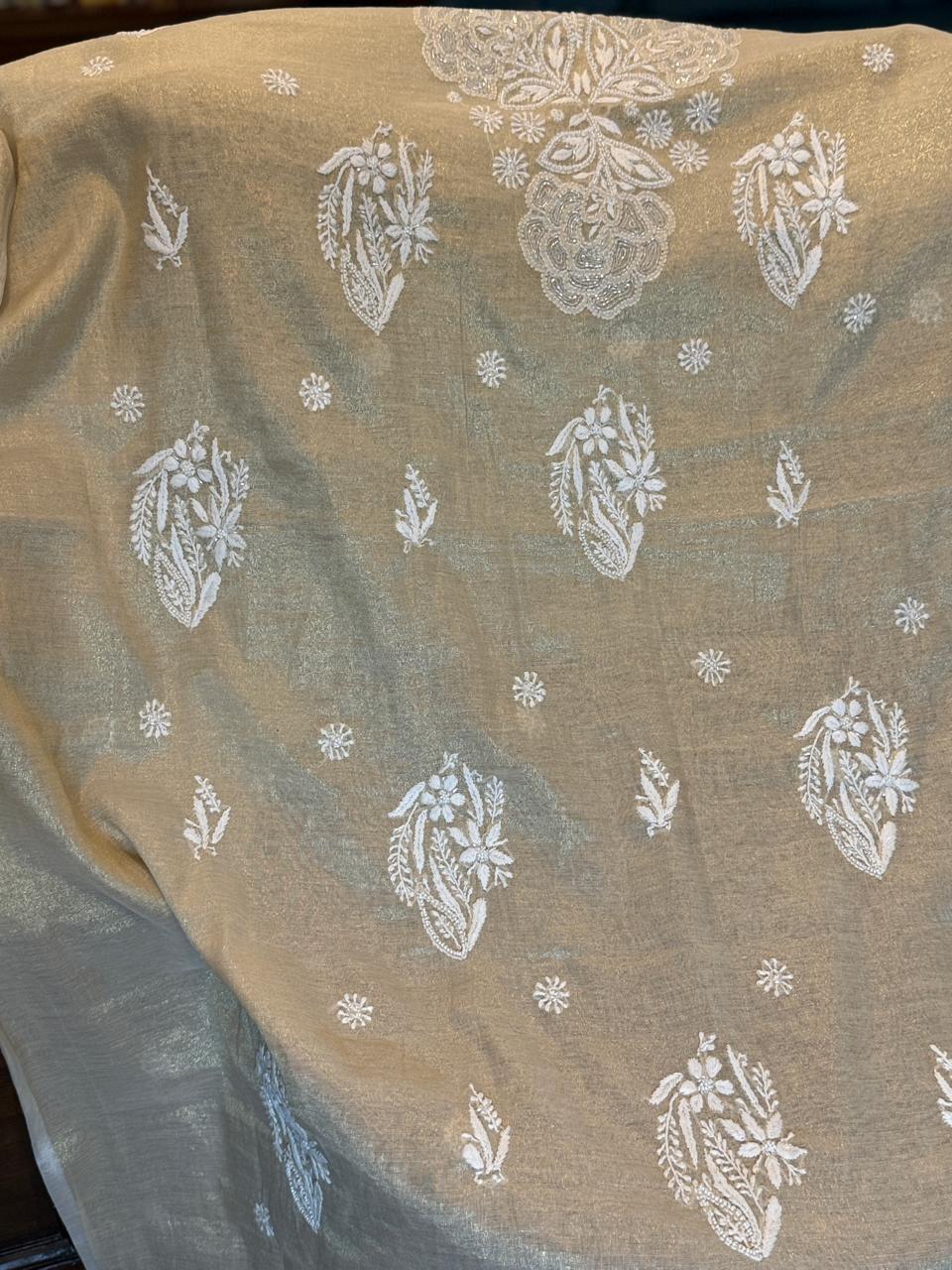 Jalsa - Golden Tissue Kurta Cloth with Dupatta with Cut Pearl Work