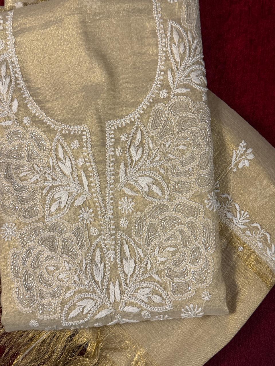 Jalsa - Golden Tissue Kurta Cloth with Dupatta with Cut Pearl Work
