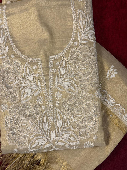 Jalsa - Golden Tissue Kurta Cloth with Dupatta with Cut Pearl Work