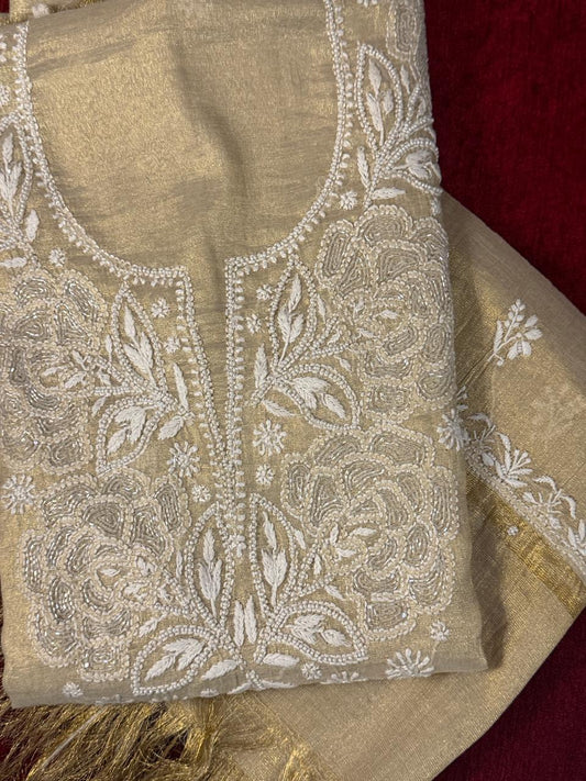 Jalsa - Golden Tissue Kurta Cloth with Dupatta with Cut Pearl Work