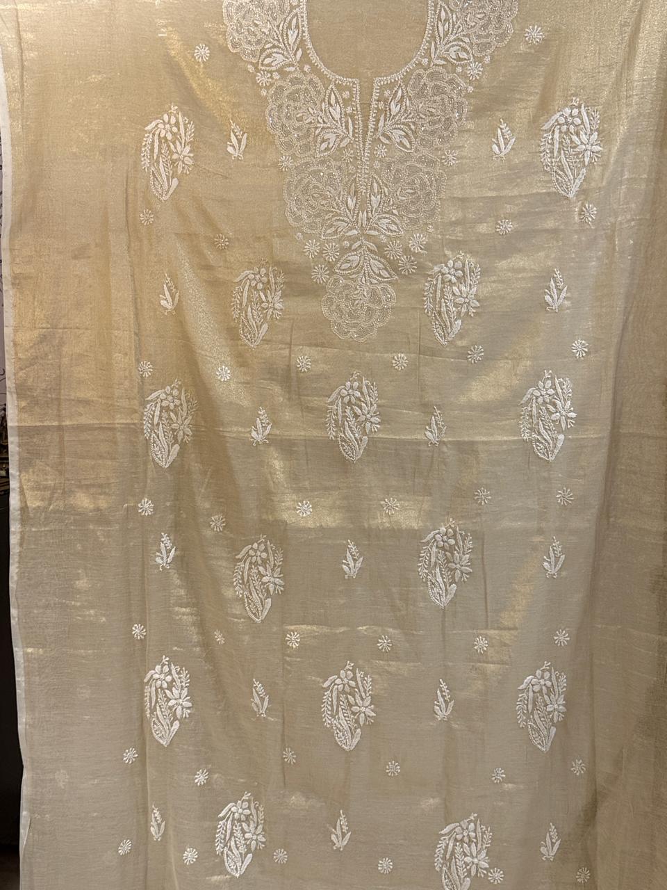 Jalsa - Golden Tissue Kurta Cloth with Dupatta with Cut Pearl Work
